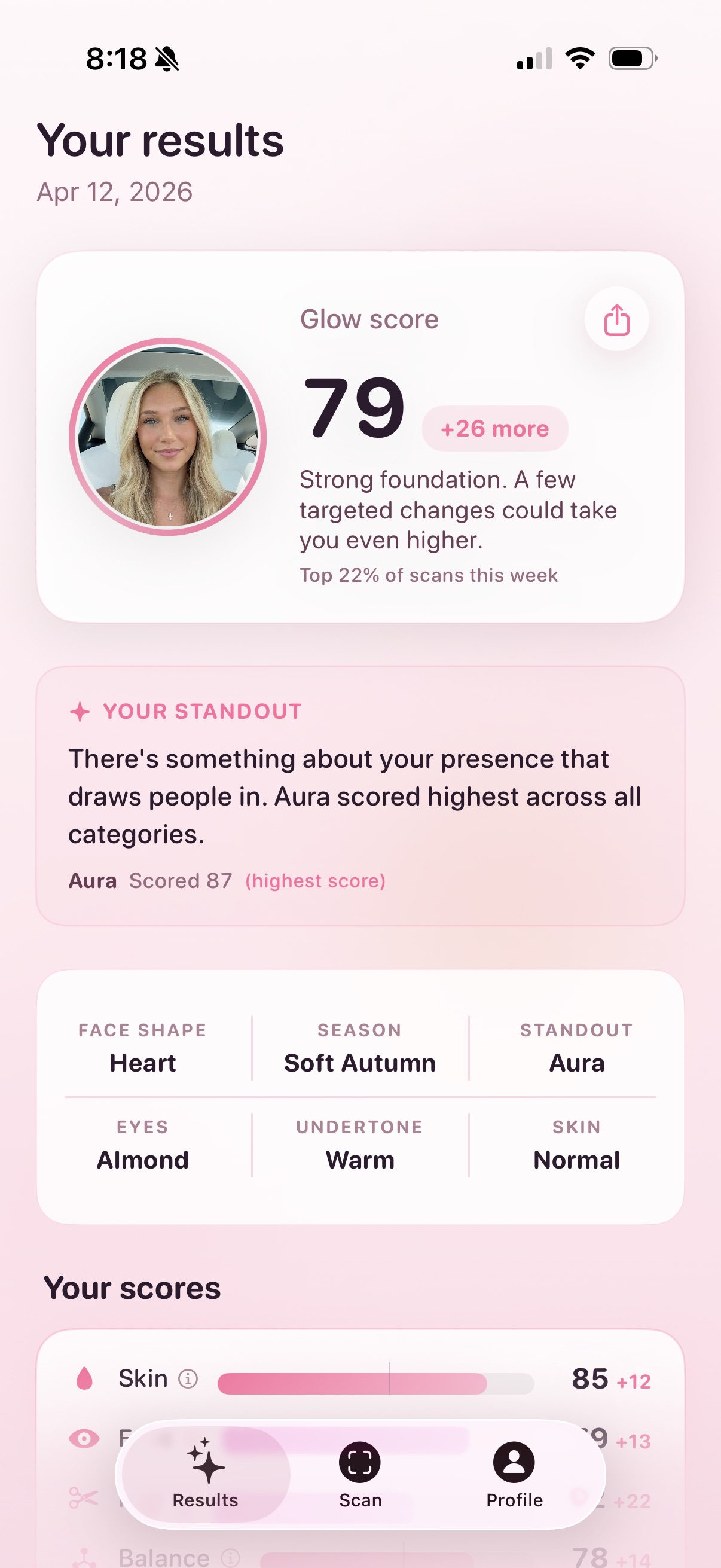 Glowprint app showing detailed face analysis with scores for skin, eyes, hair, balance, elegance, and aura